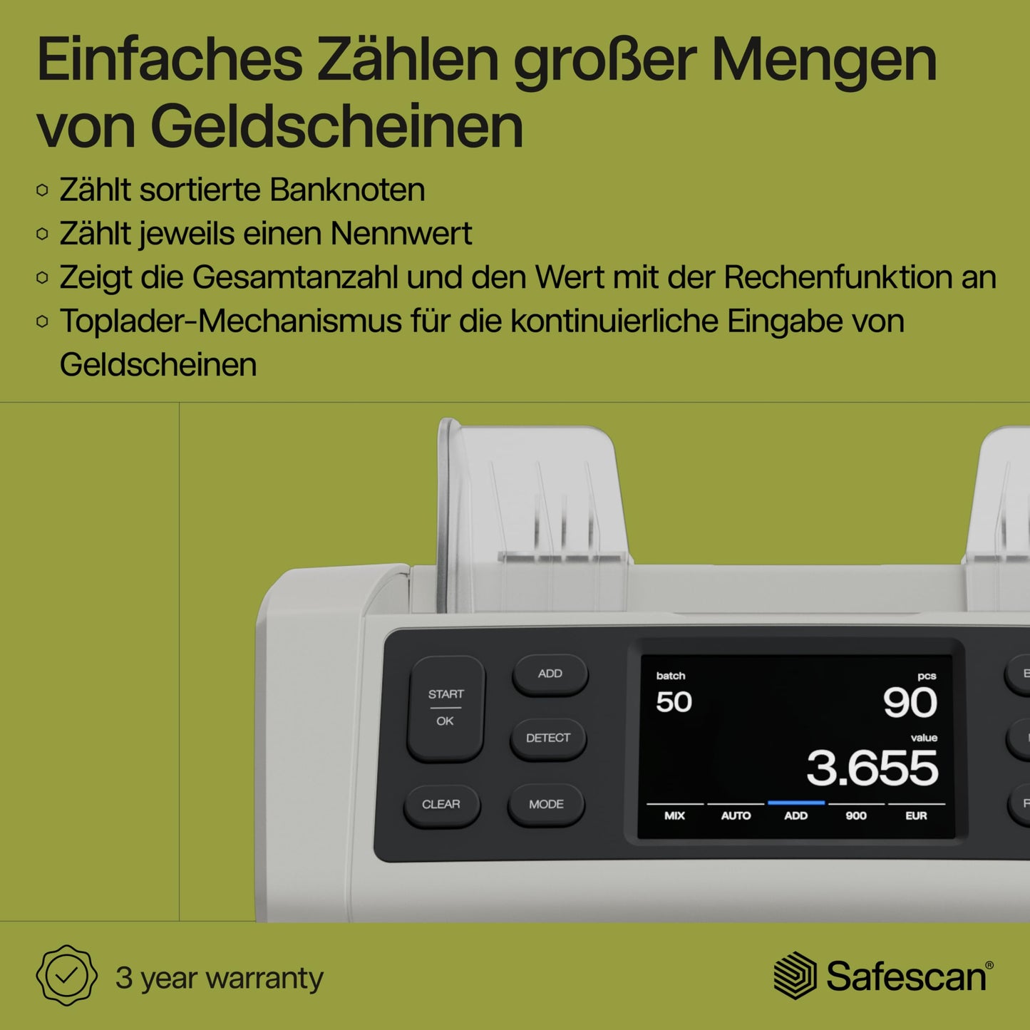 Safescan 2850 Geldzählmaschine | Zählt sortierte Banknoten | 3-fache Echtheitsprüfung | Mehrsprachiges Display