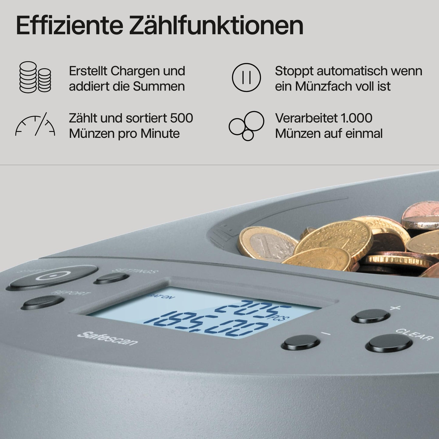 Safescan 1450 Münzzähler | Sortiert & zählt gemischte EUR-Münzen | Münzsortierer nach Stückelung