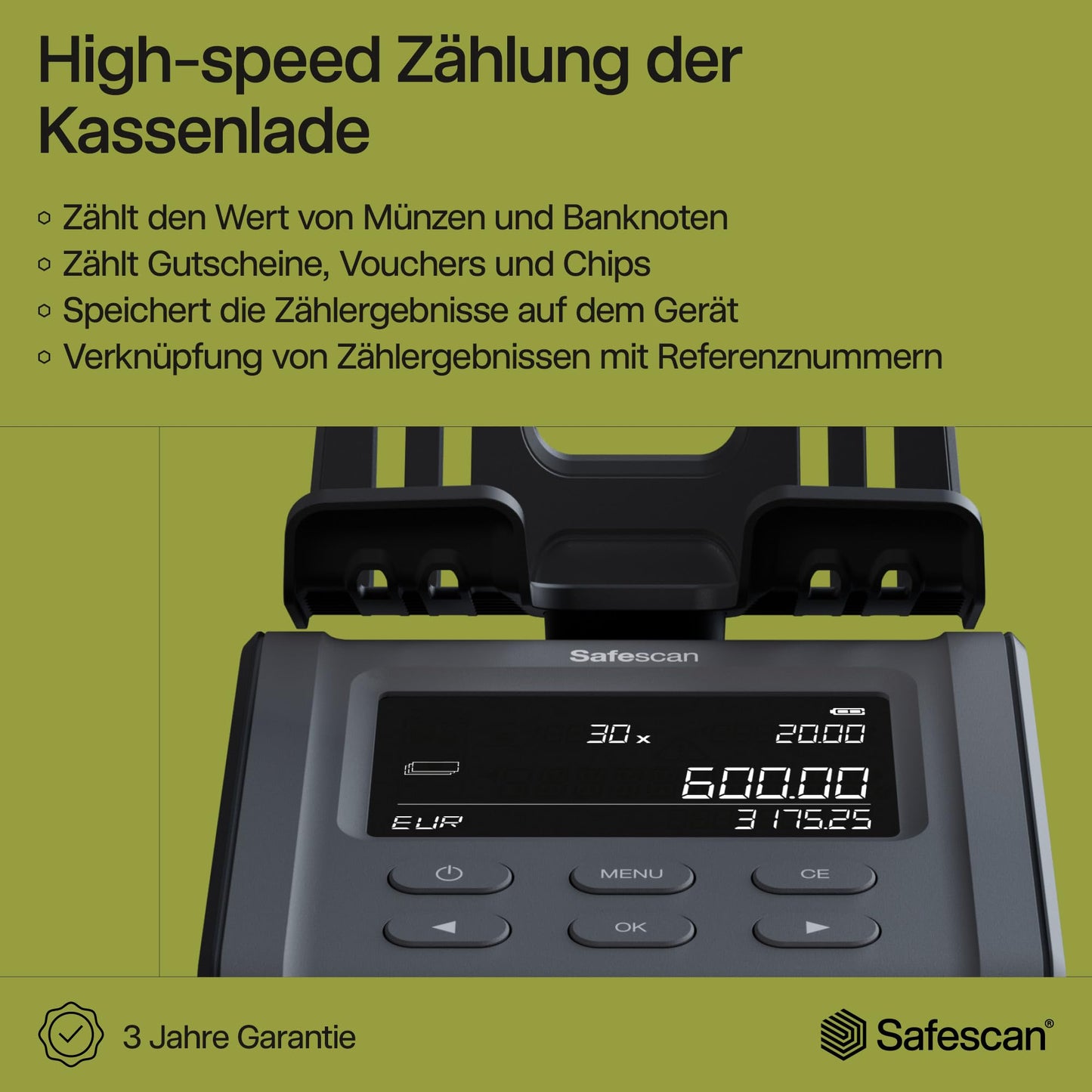 Safescan 6165 Geldwaage | Zählt Münzen, Banknoten, Chips & Voucher | Automatische Münzrollenerkennung