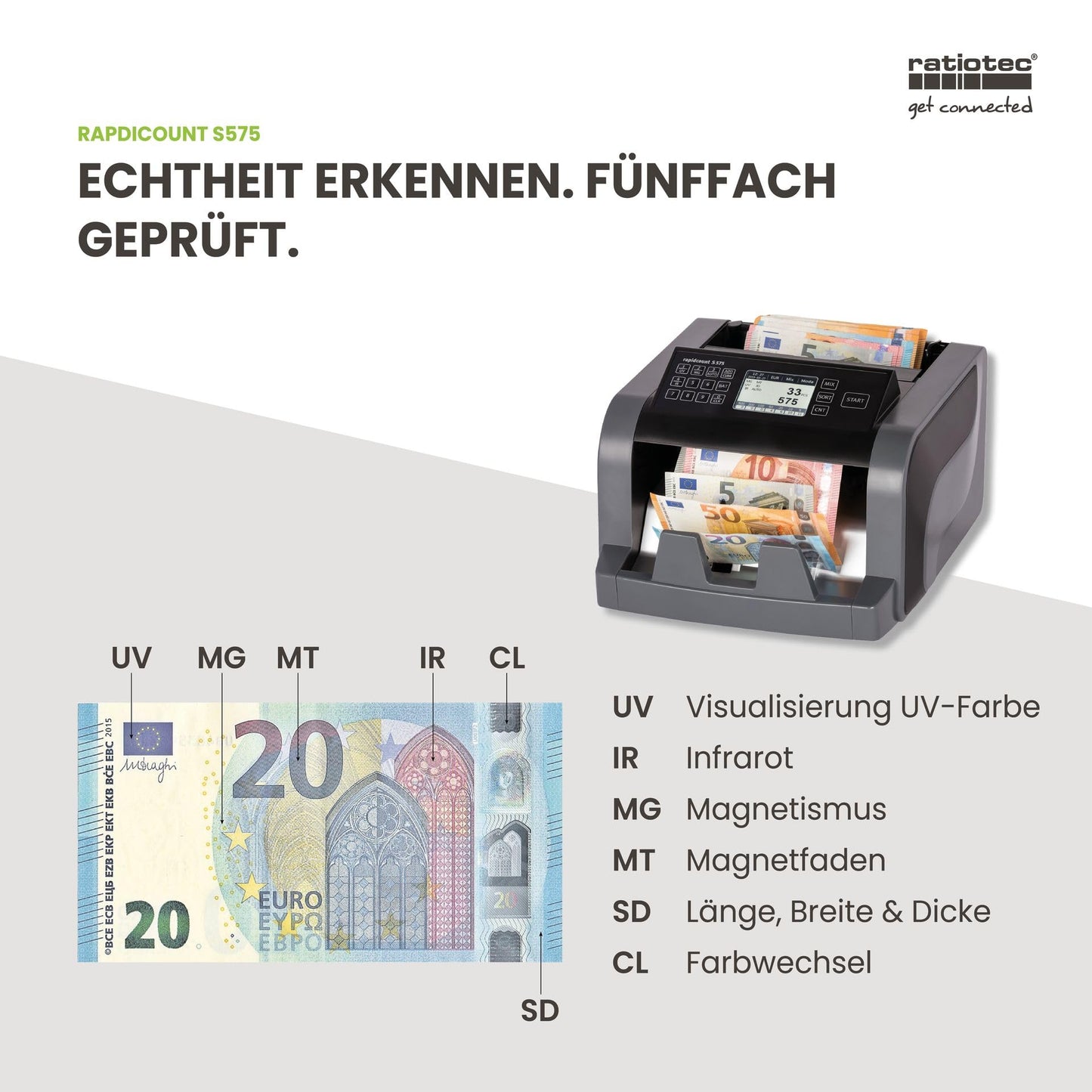 ratiotec rapidcount S 575 Banknotenzählmaschine für gemischte Banknoten mit Wertermittlung in schwarz