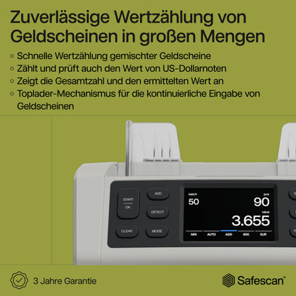 Safescan 2885-S Geldzählmaschine | Wertzählung gemischter Banknoten inkl. USD | 7-fache Echtheitsprüfung