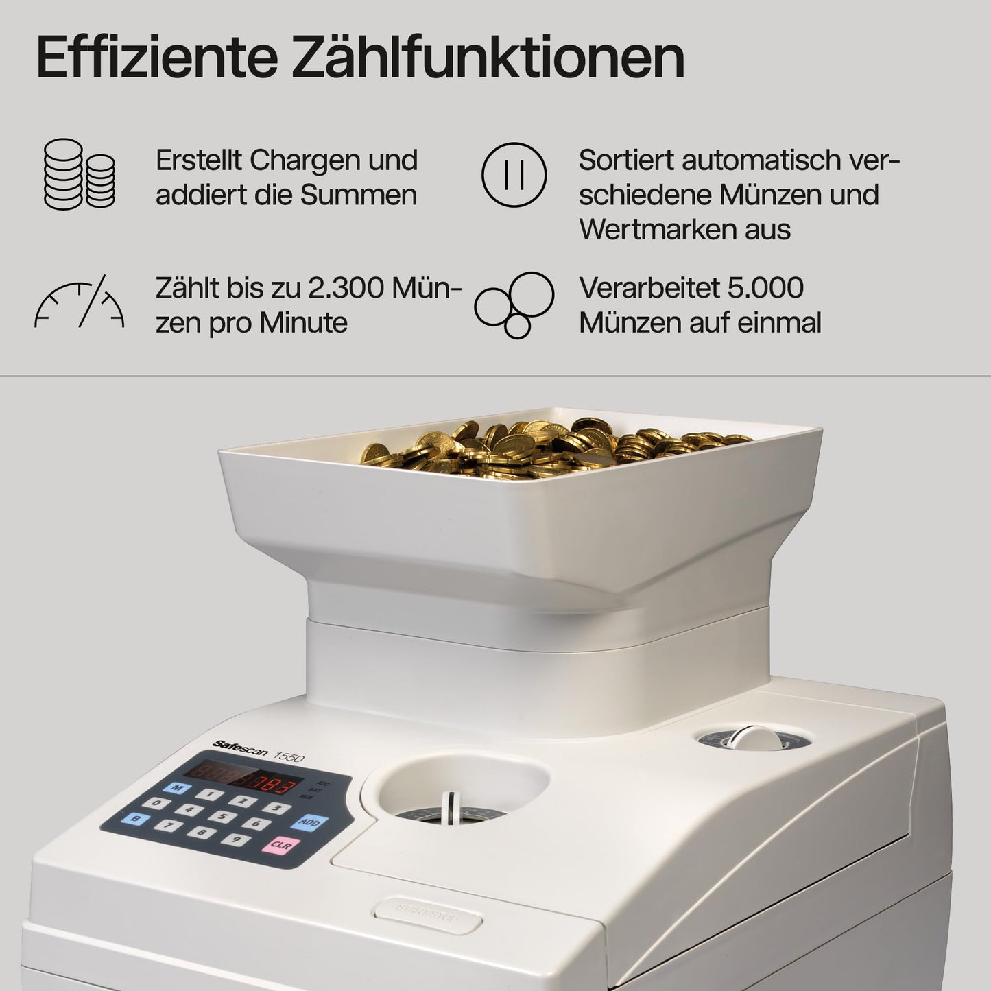 Safescan 1550 HighSpeed Münzzähler | Für große Mengen sortierter Münzen | Robuste Geldzählmaschine