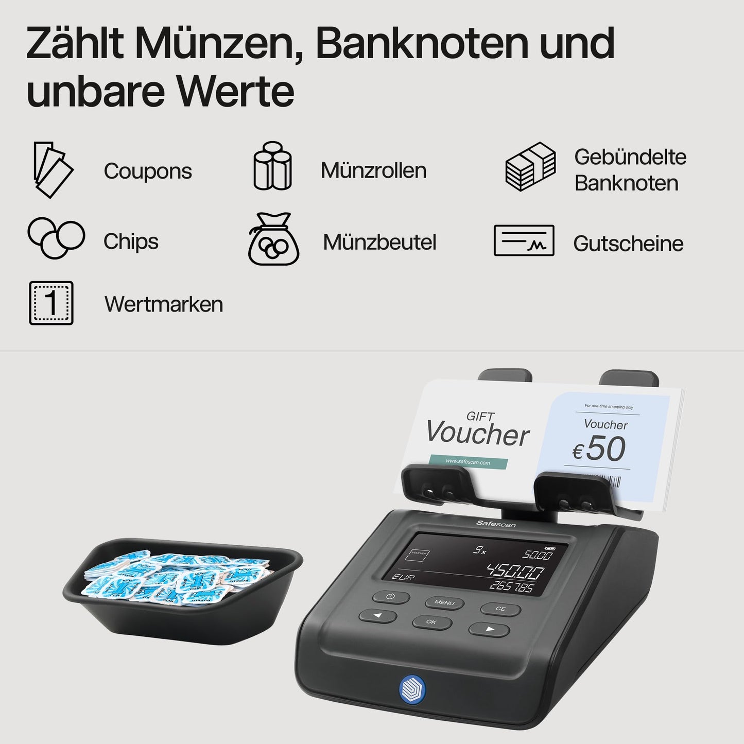 Safescan 6165 Geldwaage | Zählt Münzen, Banknoten, Chips & Voucher | Automatische Münzrollenerkennung