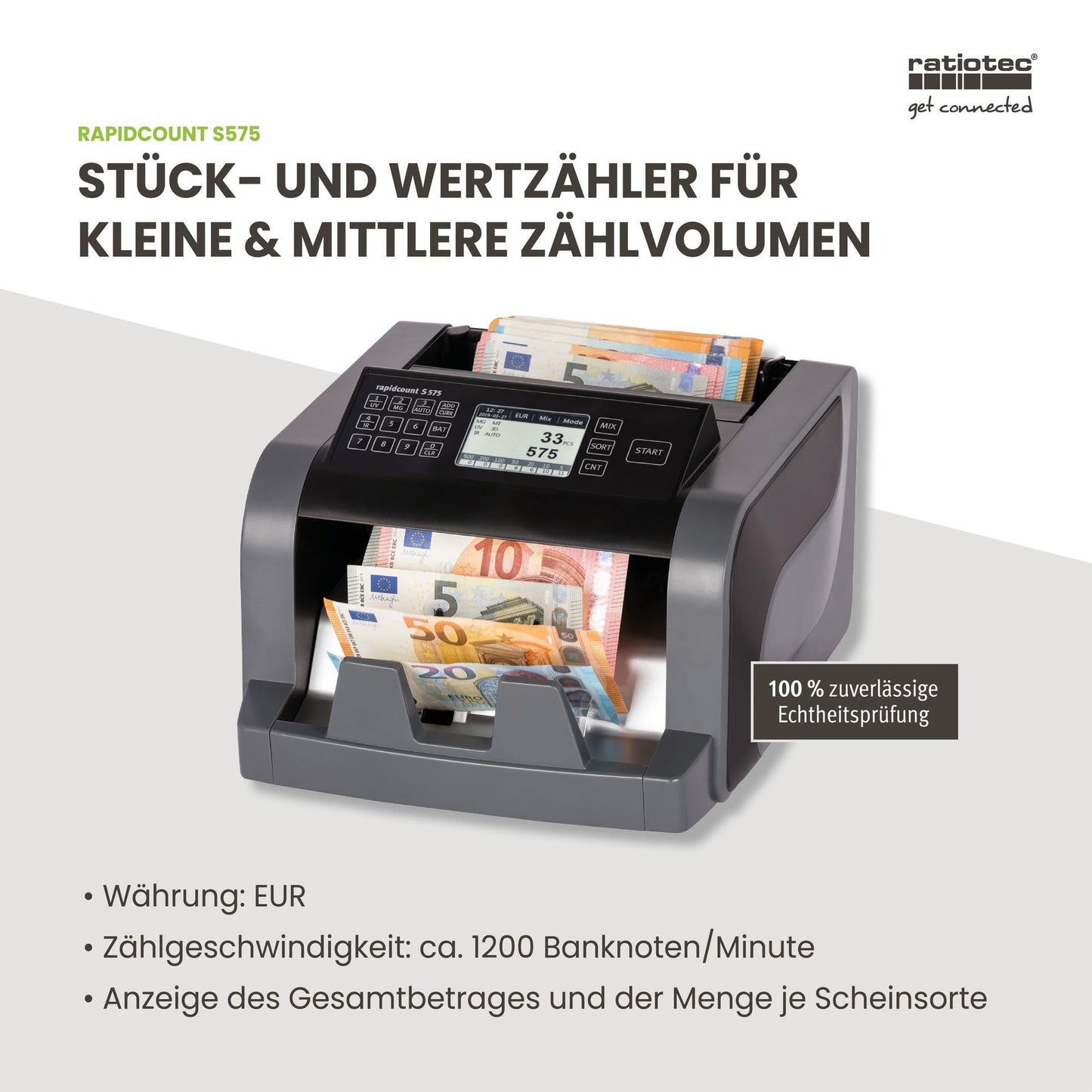 ratiotec rapidcount S 575 Banknotenzählmaschine für gemischte Banknoten mit Wertermittlung in schwarz