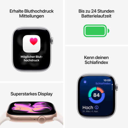 Apple Watch Series 11 GPS 42 mm Smartwatch mit Aluminiumgehäuse in Roségold und Sportarmband in Blassrosa (S/M). Schlafindex