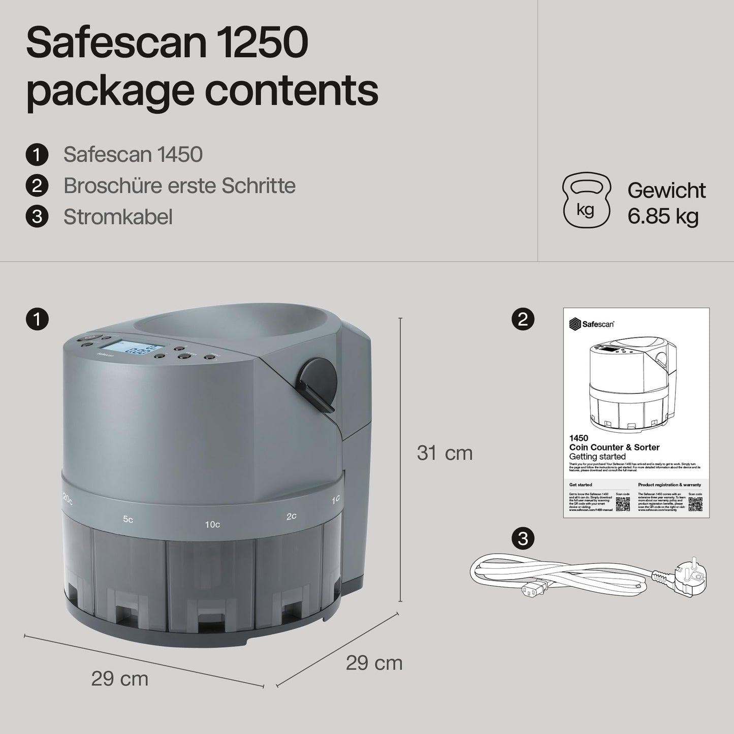 Safescan 1450 Münzzähler | Sortiert & zählt gemischte EUR-Münzen | Münzsortierer nach Stückelung