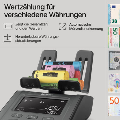Safescan 6165 Geldwaage | Zählt Münzen, Banknoten, Chips & Voucher | Automatische Münzrollenerkennung