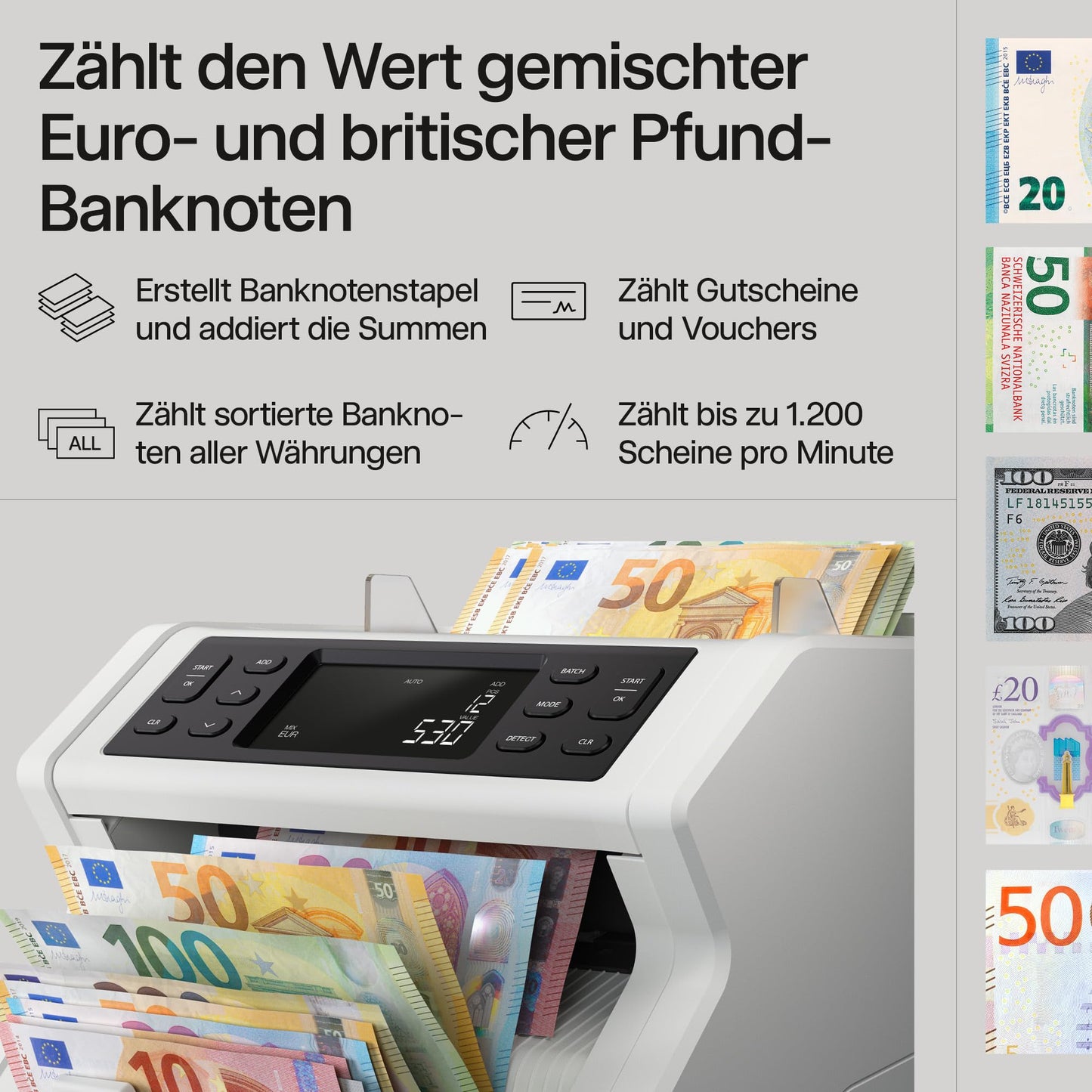 Safescan 2265 Geldzählmaschine | Wertzählung für gemischte EUR & GBP | 5-fache Falschgeldprüfung