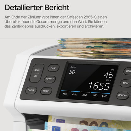 Safescan 2865-S Banknotenzähler | Wertzählung gemischter Banknoten | 7-fache Echtheitsprüfung | Mehrsprachiges Display