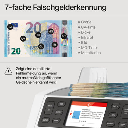 Safescan 2865-S Banknotenzähler | Wertzählung gemischter Banknoten | 7-fache Echtheitsprüfung | Mehrsprachiges Display