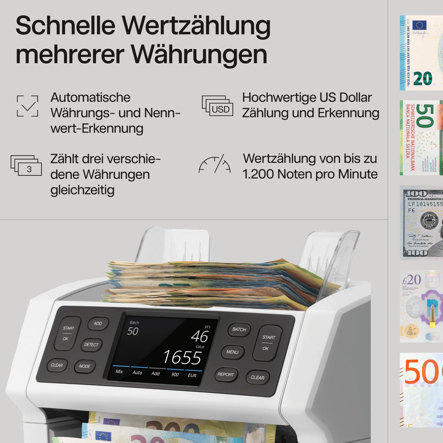 Safescan 2885-S Geldzählmaschine | Wertzählung gemischter Banknoten inkl. USD | 7-fache Echtheitsprüfung