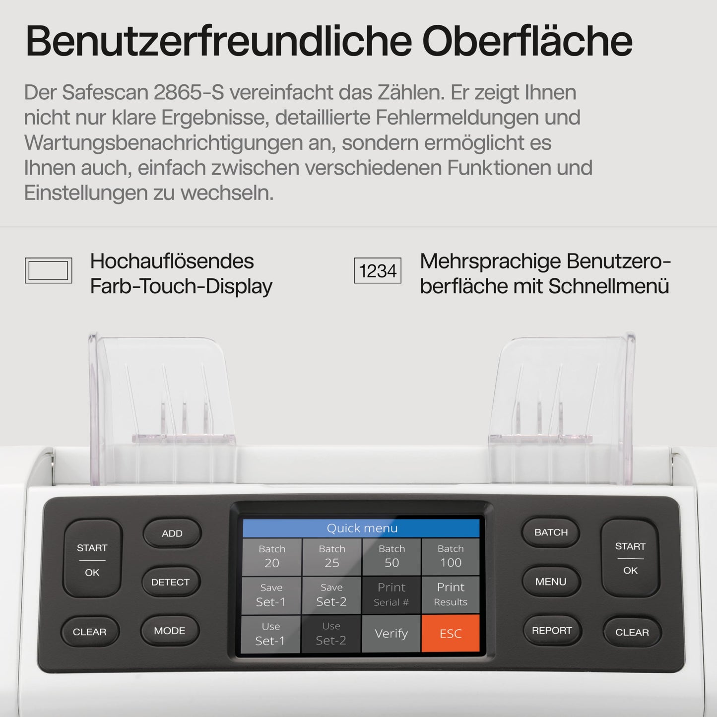 Safescan 2865-S Banknotenzähler | Wertzählung gemischter Banknoten | 7-fache Echtheitsprüfung | Mehrsprachiges Display