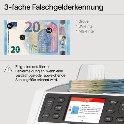 Safescan 2850 Geldzählmaschine | Zählt sortierte Banknoten | 3-fache Echtheitsprüfung | Mehrsprachiges Display