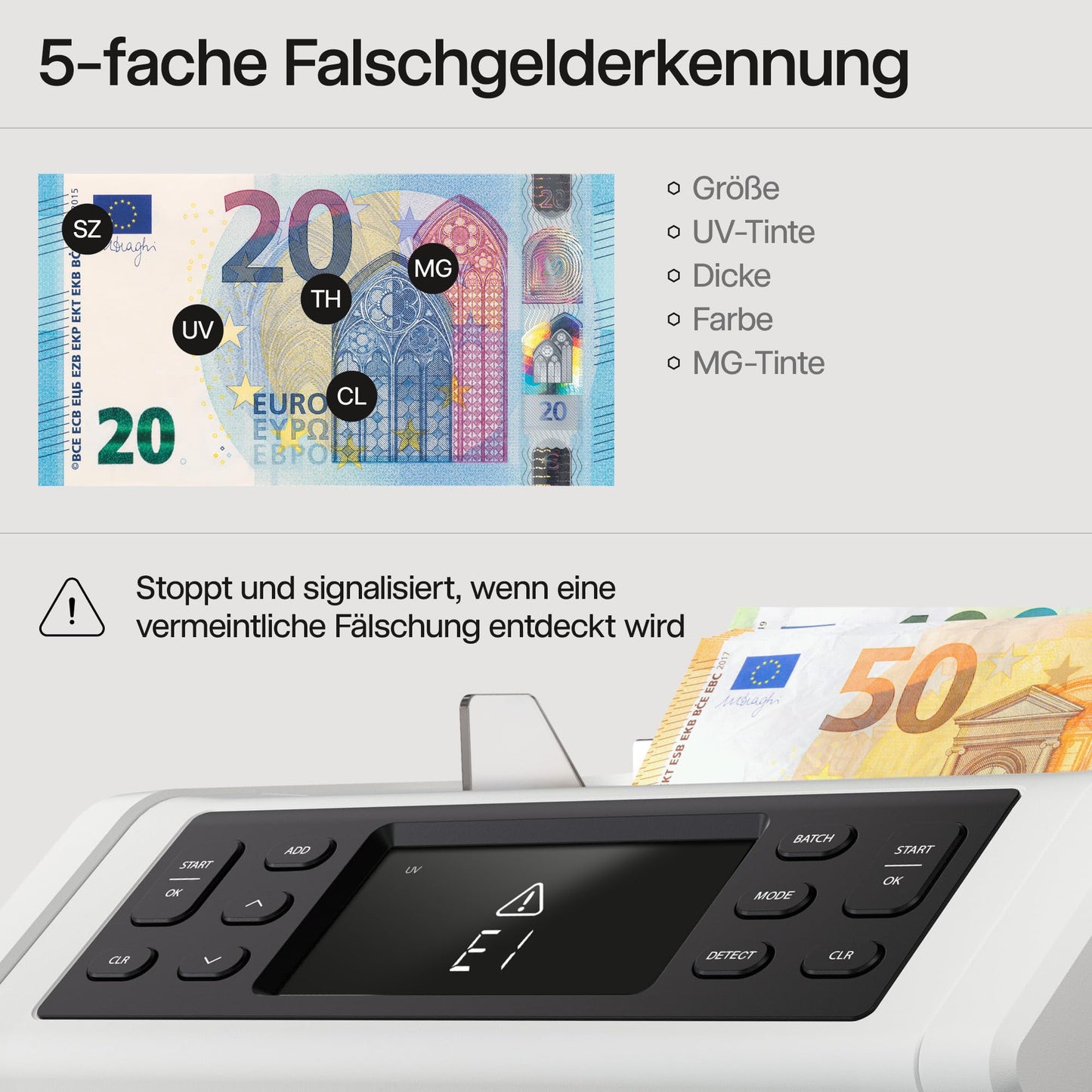 Safescan 2265 Geldzählmaschine | Wertzählung für gemischte EUR & GBP | 5-fache Falschgeldprüfung