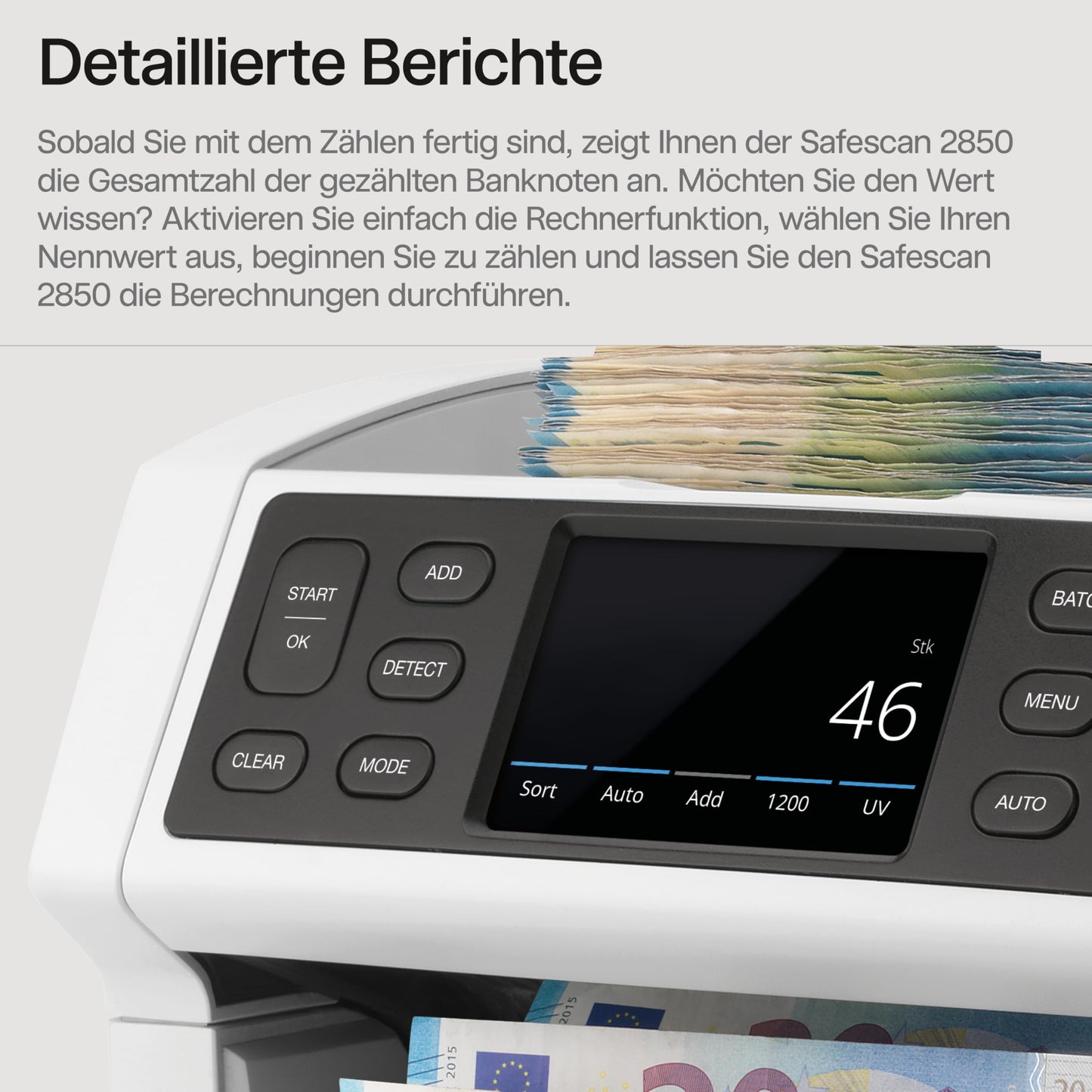 Safescan 2850 Geldzählmaschine | Zählt sortierte Banknoten | 3-fache Echtheitsprüfung | Mehrsprachiges Display