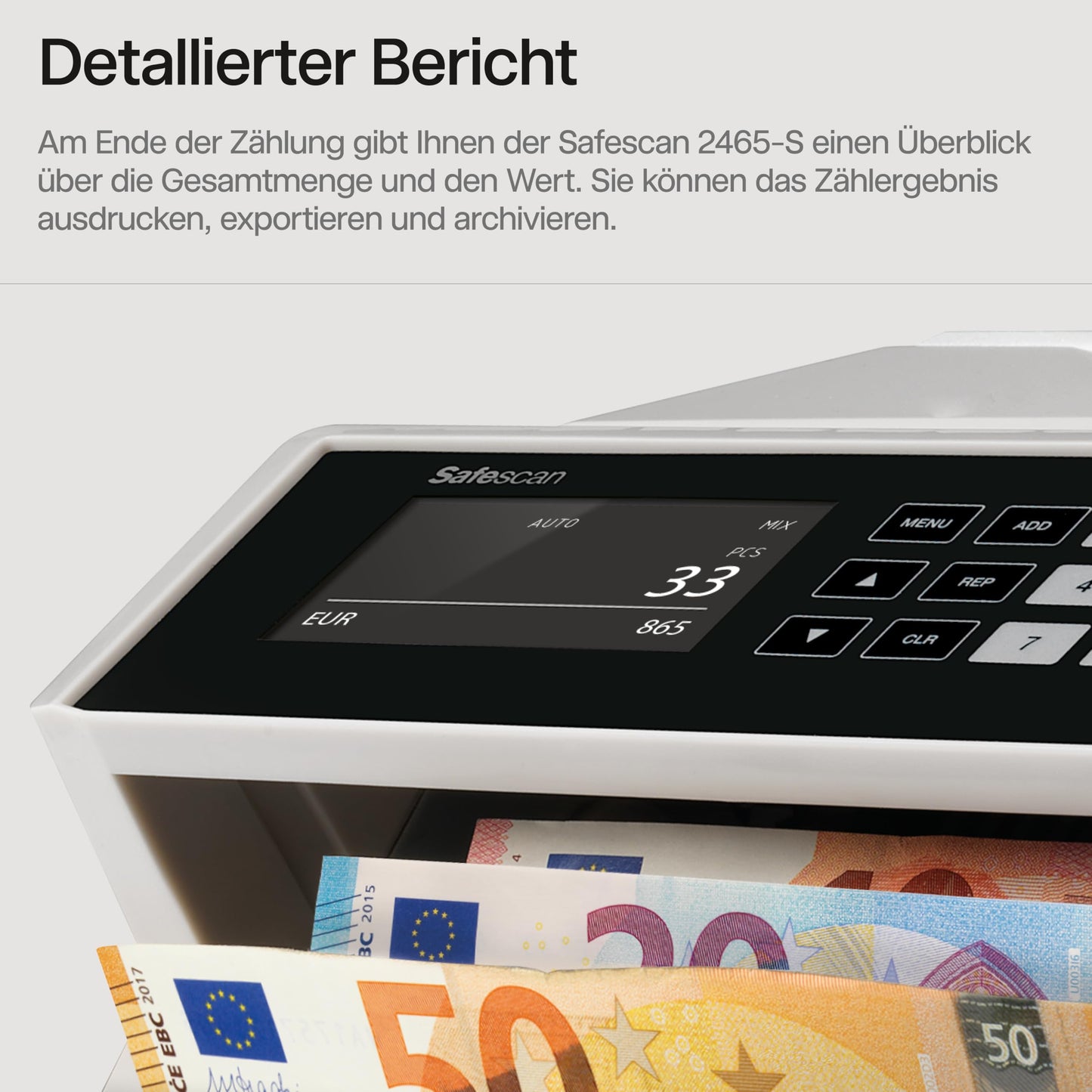 Safescan 2465-S Banknotenzähler | Wertzählung gemischte EUR | 7-fache Echtheitsprüfung