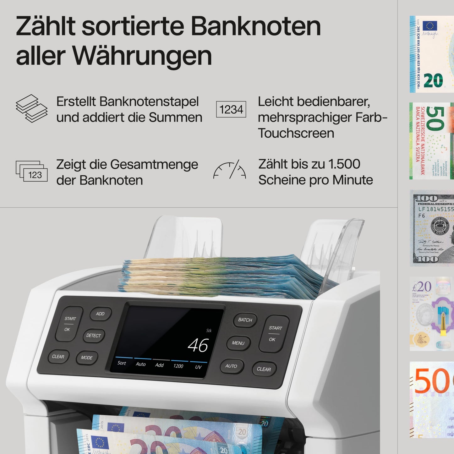 Safescan 2850 Geldzählmaschine | Zählt sortierte Banknoten | 3-fache Echtheitsprüfung | Mehrsprachiges Display