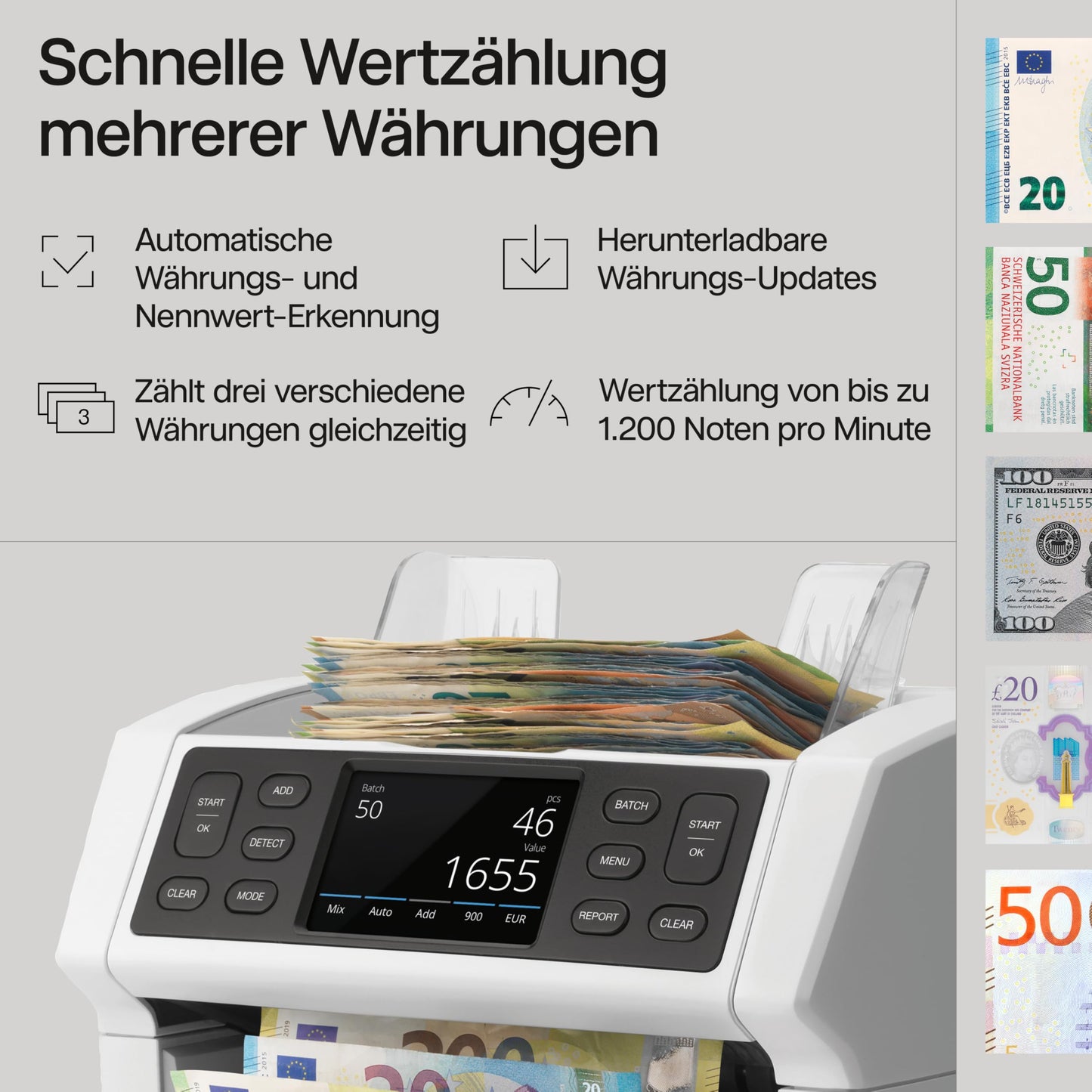 Safescan 2865-S Banknotenzähler | Wertzählung gemischter Banknoten | 7-fache Echtheitsprüfung | Mehrsprachiges Display