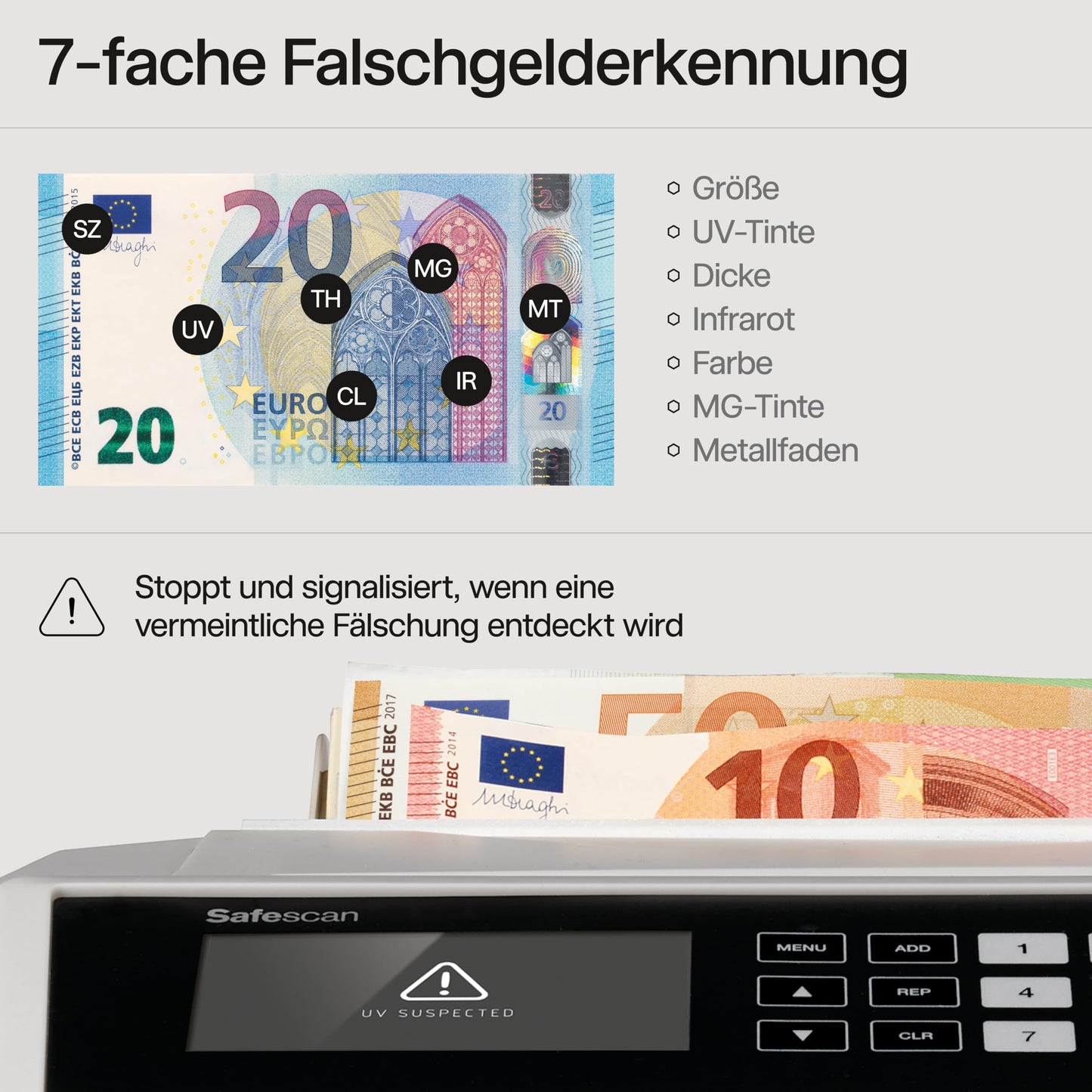 Safescan 2465-S Banknotenzähler | Wertzählung gemischte EUR | 7-fache Echtheitsprüfung