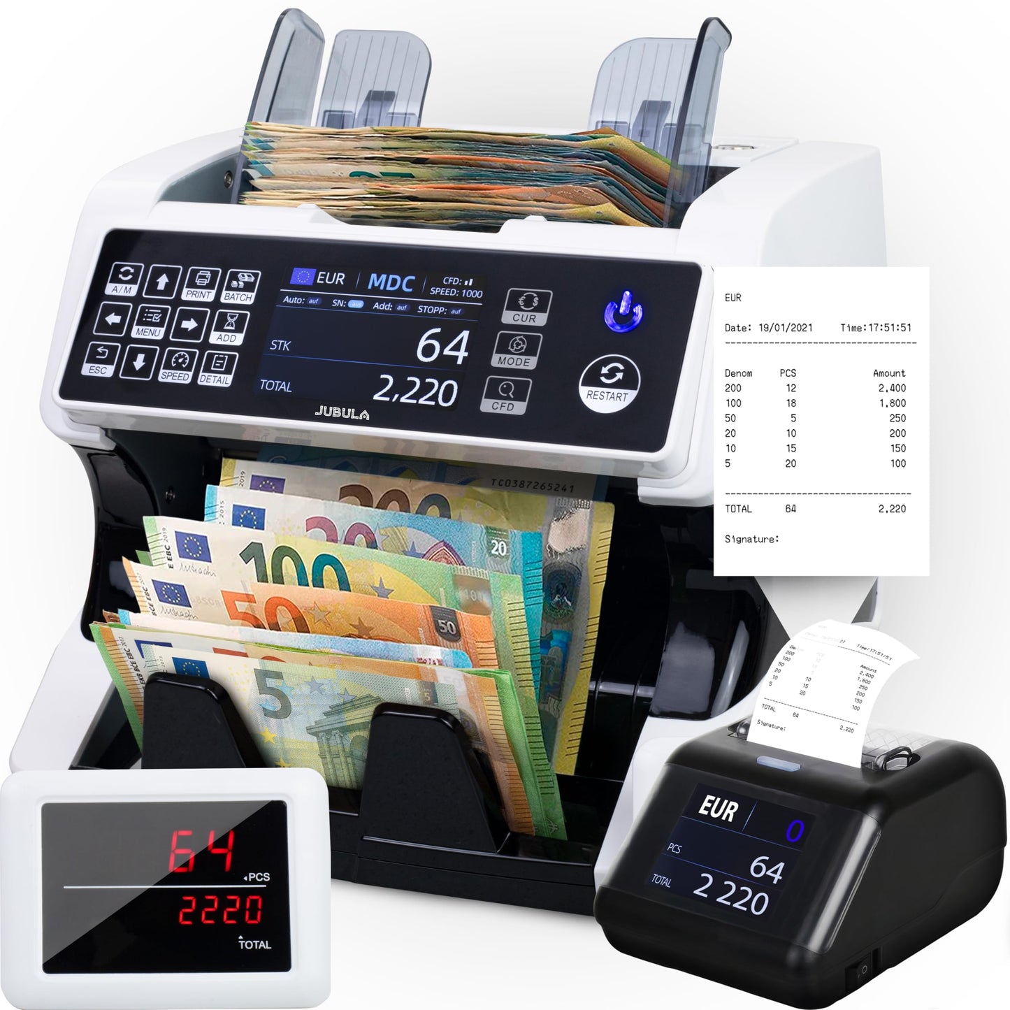 Jubula MV-500 Geldzählmaschine für gemischte Banknoten | UV/MG/IR/2CIS | EUR USD GBP | inkl. MPR-1 Printer