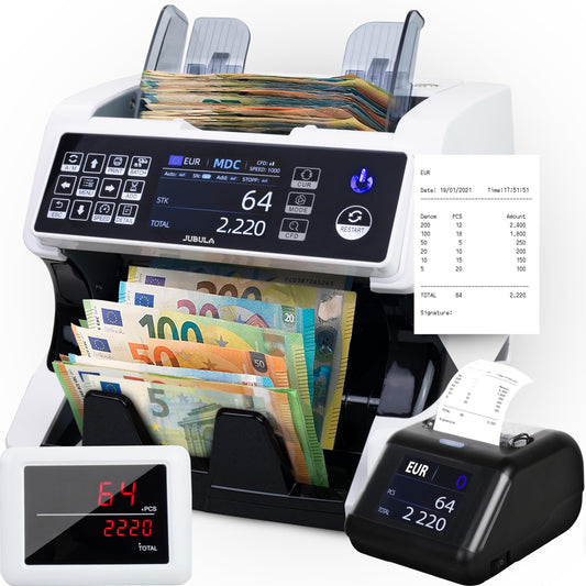 Jubula MV-500 Geldzählmaschine für gemischte Banknoten | UV/MG/IR/2CIS | EUR USD GBP | inkl. MPR-1 Printer