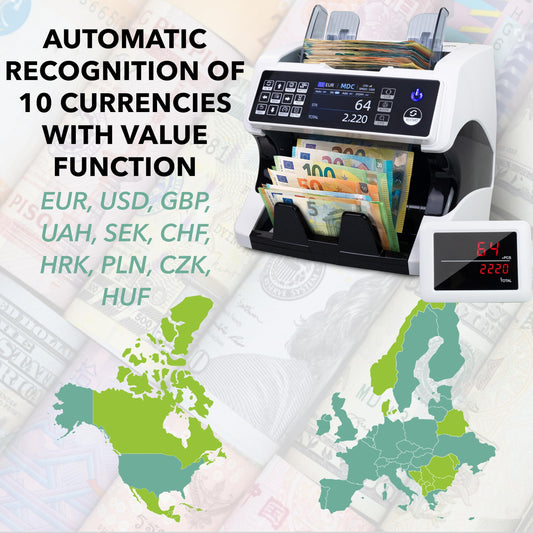Jubula MV-500 Geldzählmaschine für gemischte Banknoten | UV/MG/IR/2CIS | EUR USD GBP | inkl. MPR-1 Printer