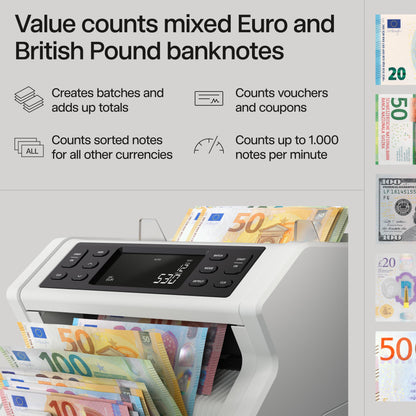 Safescan 2265 Banknotenzähler | Wertzählung EUR & GBP | 5-fache Echtheitsprüfung | Für sortierte Banknoten