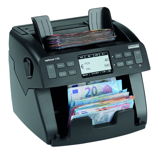 ratiotec Banknotenzählmaschine rapidcount T 575 – Stück- und Wertzähler mit umfangreicher Echtheitsprüfung für mittlere Zählvolumen