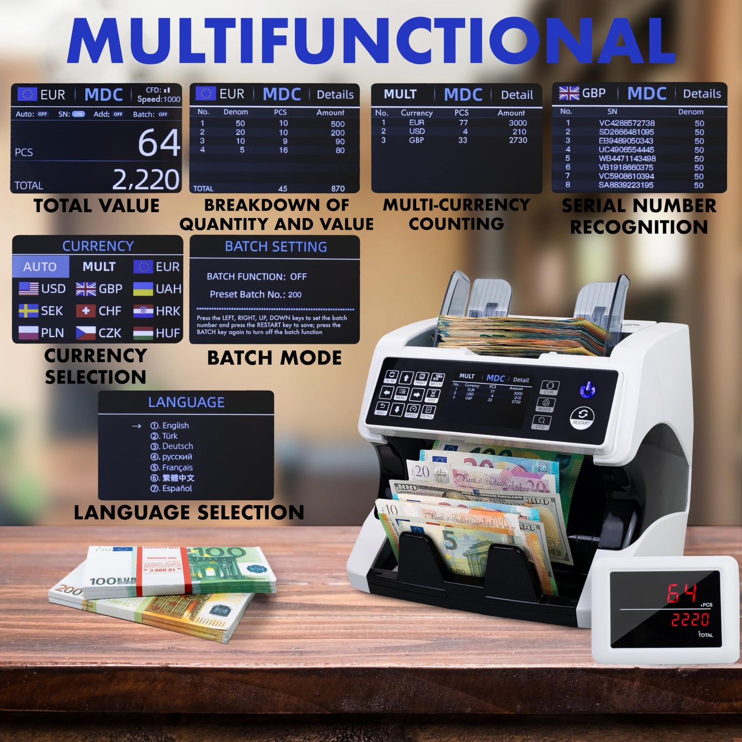 Jubula MV-500 Geldzählmaschine für gemischte Banknoten | UV/MG/IR/2CIS | EUR USD GBP | inkl. MPR-1 Printer