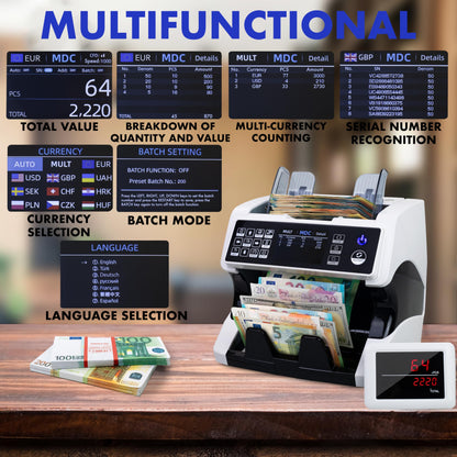 Jubula MV-500 Geldzählmaschine für gemischte Banknoten | UV/MG/IR/2CIS | EUR USD GBP | inkl. MPR-1 Printer